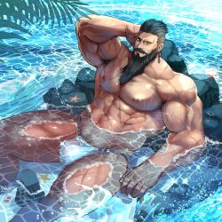 Rule 34 | 1boy, abs, admiral galleus (monster hunter), arm behind head, armpit hair, armpits, artist name, bara, beach, beard, biceps, black eyes, black hair, bubble, chest hair, ear piercing, earrings, facial hair, jewelry, large pectorals, long hair, looking at viewer, lying, male focus, male swimwear, manly, mature male, monster hunter (series), muscular, muscular male, navel, navel hair, nipples, no pants, ocean, old, old man, on back, outdoors, palm tree, pectorals, piercing, rock, rybiok, signature, solo, sparkle, spiked hair, starfish, stud earrings, swim briefs, swimsuit, thick arms, thick eyebrows, thick thighs, thighs, topless male, tree, veins, veiny arms, water, water drop, wet, white male swimwear, white swim briefs
