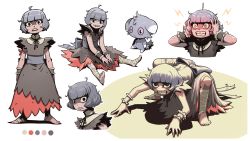 Rule 34 | 1girl, ahoge, barefoot, black ribbon, blunt bangs, bow, clenched teeth, color guide, commentary, creature and personification, creatures (company), dress, espurr, game freak, gen 6 pokemon, grey hair, hands up, highres, knees, leg wrap, messy hair, neck ribbon, nintendo, personification, pokemon, pokemon (creature), rayluaza, ribbon, sash, sharp teeth, short hair, short sleeves, sitting, smile, soles, standing, teeth, toes, white background, wrist cuffs