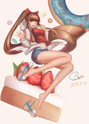 Rule 34 | 1girl, barefoot, bow, breasts, brown hair, cake, cross, cross earrings, dated, denim, denim shorts, doughnut, earrings, food, fruit, full body, green eyes, hair bow, highres, holding, holding food, jewelry, long hair, looking at viewer, medium breasts, navel, one eye closed, open mouth, original, platform footwear, ponytail, red bow, sandals, shoes, shon, shorts, signature, single shoe, solo, strawberry, teeth, very long hair