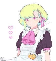Rule 34 | 1boy, androgynous, apron, artist name, ascot, blush, bow, braid, character name, commentary request, crossdressing, earrings, expressionless, frills, green hair, hair bow, heart, jewelry, kome 1022, lio fotia, maid, maid apron, male focus, multicolored eyes, name tag, orange eyes, pink ascot, pink bow, pink eyes, promare, puffy sleeves, short hair, short sleeves, side braid, sidelocks, simple background, upper body, white background