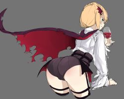 Rule 34 | 1girl, ass, bad id, bad twitter id, blonde hair, blouse, blush, cape, closed mouth, cropped legs, cup, drinking glass, frown, garter straps, girls&#039; frontline, green eyes, grey background, halloween, halloween costume, head wings, highres, hudak, long sleeves, profile, shirt, short hair, shorts, sidelocks, simple background, sketch, solo, thighs, torn clothes, trefoil, tsurime, welrod mkii (girls&#039; frontline), white shirt, wine glass, wings