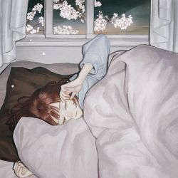 Rule 34 | 1girl, arm up, brown hair, curtains, closed eyes, grey shirt, long hair, long sleeves, lying, on side, original, petals, pillow, shirt, solo, under covers, utsuwa0120, window