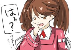 Rule 34 | 1girl, brown eyes, brown hair, commentary request, hand on own face, highres, japanese clothes, kantai collection, kariginu, ken (shutenndouji1), open mouth, red shirt, ryuujou (kancolle), shirt, simple background, solo, teeth, translation request, twintails, upper body, upper teeth only, white background
