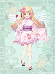 Rule 34 | 1girl, :d, astra dewprism, blonde hair, candy apple, feathered wings, floral print, flower, food, full body, green background, hair flower, hair ornament, hand up, japanese clothes, kerberos blade, kimono, kimono dress, nemui purin, obi, open mouth, pink kimono, red eyes, sandals, sash, short kimono, smile, solo, standing, white wings, wings, zouri