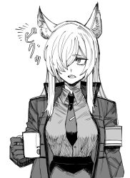Rule 34 | 1girl, animal ears, armband, blue archive, collared shirt, cup, greyscale, hair over one eye, highres, holding, holding cup, jacket, kanna (blue archive), long hair, long sleeves, monochrome, mug, necktie, ookura nata, open clothes, open jacket, parted lips, sharp teeth, shirt, shirt tucked in, solo, teeth, upskirt