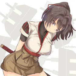 Rule 34 | 10s, 1girl, breasts, brown eyes, brown hair, cannon, hair ribbon, ise (kancolle), japanese clothes, kantai collection, katana, large breasts, personification, ponytail, radar, ribbon, short hair, silhouette, smile, solo, sts, sword, turret, weapon