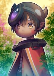 Rule 34 | 1boy, absurdres, android, artist name, brown eyes, brown hair, cape, closed mouth, collar, damaged, dorushi, facial mark, facial tattoo, fake horns, hair between eyes, helmet, highres, horned headwear, horned helmet, horns, leaf, looking at viewer, made in abyss, male focus, mechanical arms, metal collar, nature, navel, pointy ears, red cape, regu (made in abyss), robot, sky, slit pupils, solo, standing, tattoo, topless male, upper body, yellow sky