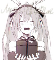 Rule 34 | 1girl, antlers, backlup, blush, box, christmas, closed mouth, commentary, cursive, english commentary, facing viewer, fur-trimmed sleeves, fur trim, gift, gift box, giving, hair ribbon, hairband, hatsune miku, highres, horns, incoming gift, light particles, long hair, merry christmas, monochrome, open mouth, reindeer antlers, ribbon, sepia, smile, solo, twintails, very long hair, vocaloid, white background