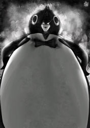 Rule 34 | 1boy, animal costume, bow, bowtie, glowing, glowing eyes, greyscale, grin, highres, looking at viewer, male focus, mask, monochrome, one-punch man, penguin costume, phoenix man (opm), signature, smile, solo, standing, the golden smurf