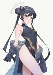 Rule 34 | 1girl, black dress, black gloves, black hair, black jacket, blue archive, breasts, butterfly hair ornament, china dress, chinese clothes, commentary, covered navel, dragon print, dress, gloves, grey background, hair bun, hair ornament, halo, highres, jacket, kisaki (blue archive), long hair, looking at viewer, mushi aoi, print dress, simple background, sleeveless, sleeveless dress, small breasts, solo, striped clothes, striped jacket, thighs, twintails, vertical-striped clothes, vertical-striped jacket
