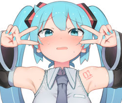 Rule 34 | 1girl, abmayo, aqua eyes, aqua hair, aqua nails, armpits, bare shoulders, black sleeves, blue necktie, blush, commentary request, detached sleeves, double v, emotional engine - full drive, fate/grand order, fate (series), grey shirt, hair ornament, hands up, hatsune miku, highres, long hair, looking at viewer, nail polish, necktie, open mouth, shirt, shoulder tattoo, simple background, sleeveless, sleeveless shirt, smile, solo, sparkle, sparkle background, sweat, tattoo, twintails, upper body, v, v-shaped eyebrows, vocaloid, white background