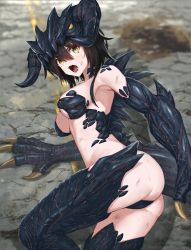 Rule 34 | 1girl, ass, black hair, breasts, bruise, deathclaw, fallout (series), fallout 4, fangs, fingernails, highres, horns, injury, lying, medium breasts, monster girl, on ground, on side, open mouth, personification, sharp fingernails, short hair, short hair with long locks, sidelocks, slit pupils, solo, spikes, sweat, tail, textless version, tom-neko (zamudo akiyuki), yellow eyes
