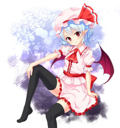 Rule 34 | 1girl, arm rest, ascot, bat wings, black thighhighs, blue hair, frilled skirt, frills, gradient background, hat, hat ribbon, head tilt, junior27016, knee up, looking at viewer, miniskirt, mob cap, no shoes, pointy ears, puffy short sleeves, puffy sleeves, red eyes, remilia scarlet, ribbon, sash, short hair, short sleeves, sitting, skirt, skirt set, smile, solo, thighhighs, touhou, wings