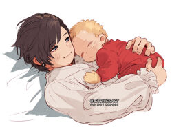 Rule 34 | 2boys, baby, black hair, blonde hair, blue eyes, brothers, clive rosfield, earrings, final fantasy, final fantasy xvi, holding baby, jewelry, joshua rosfield, lightningstrikes, multiple boys, on bed, red shirt, shirt, siblings, sleeping, white shirt