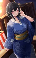 Rule 34 | 1girl, black hair, blue kimono, blurry, blurry background, commission, crossed bangs, depth of field, earrings, floral print, hand in own hair, hand up, highres, japanese clothes, jewelry, kimono, legs together, long sleeves, looking at viewer, masaki nanaya, night, obi, original, outdoors, pink eyes, print kimono, railing, sash, short hair, skeb commission, solo, standing, wide sleeves, wooden railing