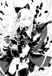 Rule 34 | 10s, 1girl, bow, dress, duoyuanjun, gloves, granblue fantasy, greyscale, hair between eyes, hair bow, hair ornament, holding, holding sword, holding weapon, long hair, looking at viewer, monochrome, navel, parted lips, petals, ponytail, smile, solo, sword, thighhighs, vira (granblue fantasy), weapon