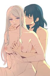 Rule 34 | 2girls, blonde hair, blue hair, breasts, byleth (female) (fire emblem), byleth (fire emblem), closed eyes, collarbone, commentary, completely nude, cowboy shot, edelgard von hresvelg, english commentary, fire emblem, fire emblem: three houses, from side, hand on another&#039;s chest, hand on another&#039;s chin, highres, hug, hug from behind, large breasts, light blush, long hair, medium breasts, medium hair, multiple girls, navel, nintendo, nipples, nude, parted lips, purple eyes, radiostarkiller, scar, scar on arm, scar on chest, scar on hand, scar on stomach, sidelocks, simple background, smile, straight hair, swept bangs, toned, too many, too many scars, white background, yuri