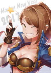 Rule 34 | 1girl, 2017, ;), beatrix (granblue fantasy), black gloves, breasts, brown hair, bustier, cleavage, collarbone, fingerless gloves, gloves, granblue fantasy, grin, happy new year, highres, kengzeta, long hair, medium breasts, new year, one eye closed, open clothes, ponytail, popped collar, smile, swept bangs, upper body, watermark, web address
