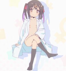 Rule 34 | 1girl, aged down, animated, animated gif, ass, breasts, brown eyes, brown hair, clipping, legs, nipples, onii-chan wa oshimai!, oyama mihari, purple hair, pussy, shirt, short hair, small breasts, smile, solo, solo focus, thighhighs, uncensored, white background, white shirt