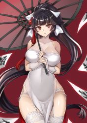 Rule 34 | 1girl, absurdres, azur lane, black hair, blunt bangs, bow, breasts, bridal gauntlets, brown eyes, cleavage, covered navel, cowboy shot, dress, fingerless gloves, flower, garter belt, gloves, hair bow, hair flaps, hair flower, hair ornament, halterneck, highres, kaorihero, large breasts, long hair, looking at viewer, oil-paper umbrella, own hands together, panties, parted lips, pelvic curtain, ponytail, see-through, side-tie panties, side slit, solo, string panties, takao (azur lane), takao (the lessons of spring) (azur lane), thighhighs, triangle mouth, umbrella, underwear, very long hair, white dress, white gloves, white thighhighs