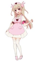 Rule 34 | &gt; &lt;, 1girl, :d, apron, bandaged arm, bandages, blush, center frills, collared shirt, fang, fingernails, frills, full body, hair ornament, hat, heart, highres, light brown hair, long hair, nail polish, natori sana, nuno (pppompon), nurse cap, open mouth, pink apron, pink footwear, pink hat, pleated skirt, puffy short sleeves, puffy sleeves, rabbit hair ornament, red eyes, red nails, sana channel, shirt, shoes, short sleeves, simple background, skirt, smile, solo, standing, thighhighs, two side up, very long hair, virtual youtuber, white background, white shirt, white skirt, white thighhighs