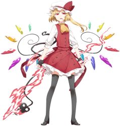 Rule 34 | 1girl, adapted costume, blonde hair, crystal, fingerless gloves, flandre scarlet, gloves, hat, laevatein, long hair, looking at viewer, mob cap, neckerchief, open mouth, red eyes, sakuraba yuuki, side ponytail, skirt, slit pupils, solo, thighhighs, touhou, vest, weapon, white background, wings, zettai ryouiki