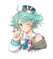 Rule 34 | 1boy, aqua eyes, aqua hair, blush, collarbone, commentary, english commentary, green jacket, hat, heart, highres, holostars, jacket, kagami kira, male focus, mini hat, off shoulder, plaid headwear, pointing, pointing at self, sailor collar, smile, solo, trap, upper body, virtual youtuber, vyolfers, white background