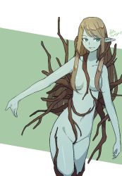 Rule 34 | 1girl, akira (meltyhip), arms at sides, blonde hair, blue skin, breasts, colored skin, completely nude, cowboy shot, green eyes, grin, hair over breasts, highres, looking at viewer, medium breasts, monster girl, navel, nude, original, plant girl, pointy ears, signature, smile, solo, standing