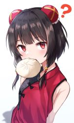 Rule 34 | 1girl, ?, alternate costume, bare shoulders, blush, bun cover, china dress, chinese clothes, commentary request, dress, fang, flat chest, food, food in mouth, highres, kiona (giraffe kiona), kono subarashii sekai ni shukufuku wo!, looking at viewer, megumin, mouth hold, red dress, red eyes, simple background, skin fang, sleeveless, solo, upper body, white background