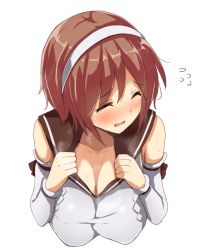 Rule 34 | 10s, 1girl, bandana, blush, breasts, brown hair, cassandra (seishun katsu sando), closed eyes, clothes pull, collar tug, commentary request, detached sleeves, female focus, from above, kantai collection, large breasts, natori (kancolle), neckerchief, sailor collar, shirt pull, short hair, simple background, solo, sweat, sweatdrop, tears