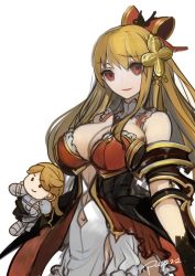 Rule 34 | 10s, 1girl, bare shoulders, breasts, brown hair, character doll, cleavage, empty eyes, female focus, gloves, granblue fantasy, katalina (granblue fantasy), large breasts, long hair, navel, pupps, red eyes, simple background, smile, solo, vira (granblue fantasy), white background