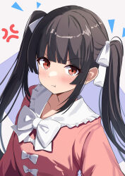 Rule 34 | 1girl, :t, alternate hairstyle, amenocchi, anger vein, black hair, blunt bangs, blunt ends, blush, bow, closed mouth, commentary request, frilled shirt collar, frills, hair ribbon, highres, hime cut, houraisan kaguya, long hair, looking at viewer, pink shirt, pout, red eyes, ribbon, shirt, sidelighting, sidelocks, simple background, solo, straight hair, touhou, tsurime, twintails, upper body, white background, white bow, white ribbon