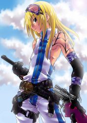 Rule 34 | 1boy, bandolier, blonde hair, character request, elbow gloves, gloves, goggles, goggles on head, gun, halterneck, male focus, outdoors, rifle, sky, solo, tattoo, weapon