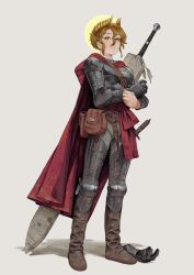 Rule 34 | 1girl, armor, blonde hair, boobplate, braid, breastplate, cape, closed mouth, commentary, commission, english commentary, french braid, full body, gloves, greatsword, hair between eyes, halo, highres, laurel crown, looking at viewer, original, pouch, red cape, red eyes, shadow, simple background, single glove, solo, standing, sword, weapon, weapon on back, white background, yakoartz