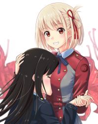 Rule 34 | 2girls, arjend, between breasts, black hair, blonde hair, blush, breasts, closed eyes, face to breasts, flower, grin, hair ribbon, hand on another&#039;s head, holding hands, inoue takina, large breasts, long hair, looking at viewer, lycoris recoil, lycoris uniform, medium hair, multiple girls, nishikigi chisato, orange eyes, ribbon, simple background, smile, spider lily, white background, yuri