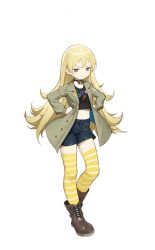 Rule 34 | 1girl, blonde hair, blue shorts, boots, brown eyes, brown footwear, child, clenched hands, female focus, frown, full body, grey jacket, hands on own hips, jacket, long hair, looking at viewer, midriff peek, mila (smc), official art, shorts, simple background, solo, striped clothes, striped thighhighs, super mecha champions, thighhighs, transparent background, v-shaped eyebrows, very long hair, yellow thighhighs