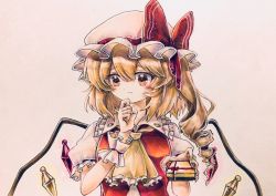 Rule 34 | 1girl, ascot, blonde hair, blush, bow, commentary request, crystal, fingernails, flandre scarlet, frilled neckwear, frilled shirt, frilled shirt collar, frilled skirt, frilled sleeves, frills, gift, hat, hat ribbon, highres, hisako (6anmbblfnjueeff), holding, holding gift, long fingernails, medium hair, mob cap, nail polish, one side up, puffy short sleeves, puffy sleeves, red bow, red ribbon, red vest, ribbon, shirt, short sleeves, skirt, solo, touhou, vest, white hat, white nails, white shirt, wings, yellow ascot, yellow eyes