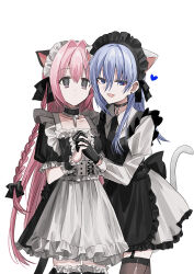 Rule 34 | 2girls, :d, alternate costume, animal ears, apron, black apron, black dress, black gloves, black necktie, black thighhighs, blue eyes, blue hair, brown thighhighs, cat ears, cat girl, cat tail, chihuri, closed mouth, collarbone, collared shirt, commentary request, dress, earrings, ende (chihuri), enmaided, frilled apron, frilled thighhighs, frills, garter straps, gloves, hair between eyes, hair intakes, heart, highres, holding hands, interlocked fingers, jewelry, juliet sleeves, long hair, long sleeves, maid, maid headdress, multiple girls, nea (chihuri), necktie, open mouth, original, pink hair, puffy long sleeves, puffy short sleeves, puffy sleeves, purple eyes, shirt, short sleeves, simple background, skirt, smile, stud earrings, tail, thighhighs, very long hair, white apron, white background, white shirt, white skirt, wrist cuffs