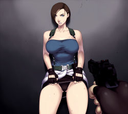 Rule 34 | 1girl, 1other, angry, at gunpoint, beretta 92, black panties, breasts, brown hair, clothes lift, forced, gun, handgun, highres, jill valentine, large breasts, panties, panty pull, pov, resident evil, resident evil 3: nemesis, sawao, shirt, short hair, skirt, skirt lift, sweat, taut clothes, taut shirt, thick thighs, thighs, underwear, weapon