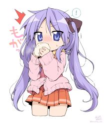 Rule 34 | !, 1girl, ^^^, anzu ame, black ribbon, blue eyes, blush, eating, hair ribbon, hiiragi kagami, long hair, long sleeves, looking at viewer, lucky star, orange skirt, pink sweater, purple hair, ribbon, signature, simple background, skirt, solo, spoken exclamation mark, sweater, twintails, twitter username, white background