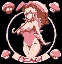 Rule 34 | 1girl, animal ears, bare shoulders, black background, blue eyes, bow, bowtie, breasts, character name, cleavage, closed mouth, cropped legs, earrings, eyelashes, fake animal ears, fake tail, fingernails, hand up, highres, holding, holding umbrella, jewelry, leotard, lips, long hair, mario (series), medium breasts, mushroom, nintendo, open hand, pantyhose, parasol, playboy bunny, princess peach, rabbit ears, rabbit tail, smile, solo, spot color, strapless, strapless leotard, super mario bros. 1, super mushroom, tail, umbrella, wrist cuffs, zero momentai