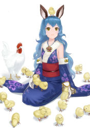 Rule 34 | 10s, 1girl, animal ears, bare shoulders, bird, blue hair, blue kimono, brown eyes, chick, chick on head, chicken, chinese zodiac, ferry (granblue fantasy), floral print, flower ornament, granblue fantasy, japanese clothes, kimono, long hair, looking up, new year, rooster, seiza, simple background, sitting, smile, very long hair, very long sleeves, wasabi60, white background, year of the rooster