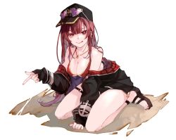 Rule 34 | 1girl, :q, bikini, black hat, black jacket, breasts, cleavage, erhuo, full body, hat, heterochromia, hololive, houshou marine, houshou marine (summer), jacket, jewelry, long hair, looking at viewer, nail polish, necklace, red bikini, red eyes, red hair, simple background, sitting, solo, swimsuit, tongue, tongue out, virtual youtuber, wariza, white background, yellow eyes