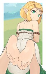 Rule 34 | 1girl, armlet, ass, bare shoulders, barefoot, blonde hair, braid, crown braid, dress, feet, foot focus, forehead jewel, foreshortening, from behind, grass, green eyes, hair ornament, hairclip, highres, jewelry, looking at viewer, looking back, lying, mountain, necklace, nintendo, on stomach, parted bangs, pointy ears, princess zelda, princess zelda (tears of the kingdom), short hair, sidelocks, signature, smile, softhanten, soles, solo, the legend of zelda, the legend of zelda: tears of the kingdom, the pose, toes, white dress