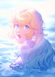 Rule 34 | 1girl, blonde hair, blue eyes, earrings, highres, jewelry, long hair, mario (series), mermaid peach, mong (mong milo), necklace, nintendo, official alternate costume, partially submerged, pearl earrings, pearl necklace, pink lips, portrait, princess peach, princess peach: showtime!, solo, sphere earrings, water