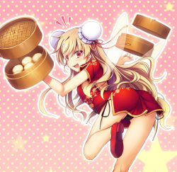 Rule 34 | 1girl, alternate costume, ass, baozi, black panties, blonde hair, bun cover, chima q, china dress, chinese clothes, clownpiece, double bun, dress, fairy wings, food, from behind, highres, long hair, looking at viewer, looking back, lowleg, lowleg panties, open mouth, panties, pink background, red dress, red eyes, red footwear, shoes, side-tie panties, smile, solo, standing, standing on one leg, touhou, transparent wings, underwear, very long hair, wings