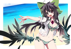 Rule 34 | 1girl, :d, beach, bikini, black hair, black wings, bow, breasts, brown eyes, cleavage, fang, female focus, front-tie top, groin, hair bow, jpeg artifacts, long hair, navel, ocean, open clothes, open mouth, open shirt, outstretched arm, red eyes, reiuji utsuho, shirt, side-tie bikini bottom, smile, solo, striped bikini, striped clothes, swimsuit, third eye, tomatomato (tomato kanzume), touhou, white shirt, wings