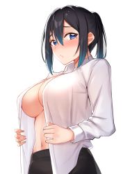 Rule 34 | 1girl, :/, black hair, black skirt, blue eyes, blue hair, blush, breasts, cleavage, closed mouth, commentary request, cowboy shot, gradient hair, hair between eyes, highres, large breasts, long sleeves, looking at viewer, mole, mole under eye, multicolored hair, navel, no bra, nose blush, open clothes, open shirt, original, ponytail, shirt, simple background, skirt, solo, stomach, tapioka (oekakitapioka), white background, white shirt