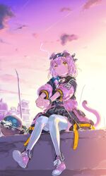 Rule 34 | 1girl, animal ears, arknights, black hairband, blue bow, bow, bracelet, braid, cat ears, cat girl, cat tail, choker, cloud, cloudy sky, electricity, goldenglow (arknights), haimura kiyotaka, hair bow, hairband, highres, jacket, jewelry, lightning bolt print, long sleeves, one eye closed, outdoors, pink hair, sitting, sky, solo, tail, thighhighs, yellow eyes