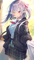 Rule 34 | 1girl, black jacket, closed mouth, collared shirt, commentary request, diagonal-striped clothes, diagonal-striped neckwear, dress shirt, elf, green skirt, grey hair, hair over one eye, hair ribbon, hand in pocket, heterochromia, highres, jacket, long hair, long sleeves, looking at viewer, mizurapi, open clothes, open jacket, original, plaid, plaid skirt, pleated skirt, pointy ears, puffy long sleeves, puffy sleeves, red eyes, red neckwear, red ribbon, ribbon, school uniform, shirt, skirt, sleeves past wrists, solo, striped clothes, striped neckwear, twintails, white shirt, window, yellow eyes